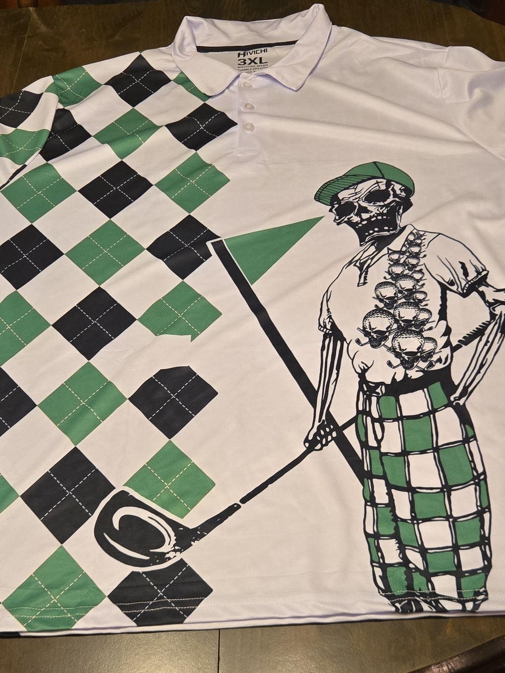 Hivichi Mens White & Green Skull Graphic Print Polo Shirt - 3XL